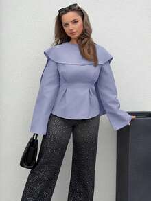 Jeta Ari Chemisier élégant à manches longues, taille plissée, couleur unie pour femmes - Bleu ciel - Voir 5