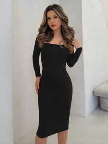 Jemour Prom Dress;Square Neck Ruched Mesh Bodycon Dress - Black - View 4