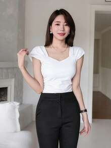 DAZY Cap Sleeve Cropped Square Neck T-Shirt Summer - White - View 3