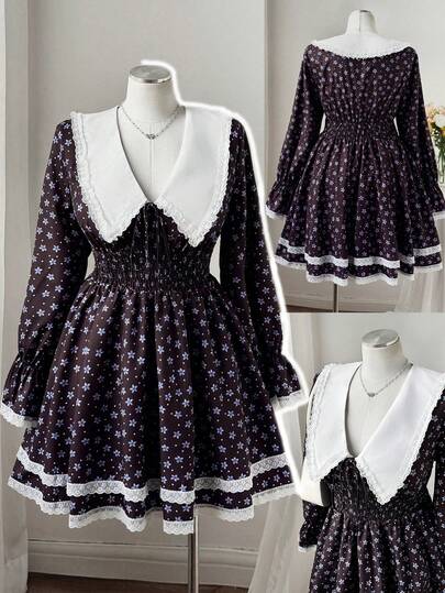 Sweetra Spring, Summer, Fall Elegant Vacation French Retro Floral Patchwork Lace Trim Tea Length V-Neck Puff Sleeve Waist Cinched A-Line Dress, Women Double Layer Ruffle Skirt Short Dress For Party