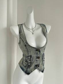 Elamini Women's Summer Casual Fashion Street Acid Wash Slim Single-Breasted Open Front Denim Vest Jacket - Blue - View 4