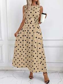 SHEIN Clasi 女士印花圆领腰带口袋无袖宽松休闲波点连衣裙，夏季波点连衣裙，女士休闲连衣裙，女士夏季连衣裙，女士波点连衣裙 - 駝色 - 查看 5