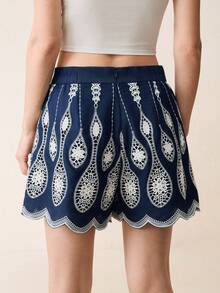 Anewsta Elegant Girlisim Pastal Embroidered Lace Shorts For Women, Suitable For Party Golf Summer - Navy Blue - View 7