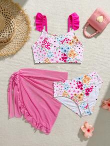 SHEIN 少女比基尼套装，可爱多彩（蓝、粉、黄、红、绿叶、花朵）针织面料，荷叶边裙摆三件套泳衣，时尚休闲优雅，适合游泳、夏季度假、海滩、泳池、节日派对 - 粉色 - 查看 3