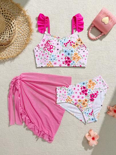 SHEIN Conjunto de bikini para niñas preadolescentes, lindo de tela de punto multicolor (azul, rosa, amarillo, rojo, hoja verde, floral), conjunto de traje de baño de 3 piezas con falda con volantes, elegante y casual, adecuado para nadar, vacaciones de verano, playa, piscina, fiesta