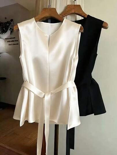 Franclia 1 chiếc áo sơ mi nữ thanh lịch, tối giản, cổ chữ V, không tay, thắt lưng, chất liệu satin, thích hợp cho mùa hè.