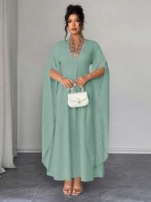 Elenzga Plus Size Women's New Elegant Solid Color Luxury V-Neck Embroidered Slit Long Sleeve Maxi Dress - Green - View 5