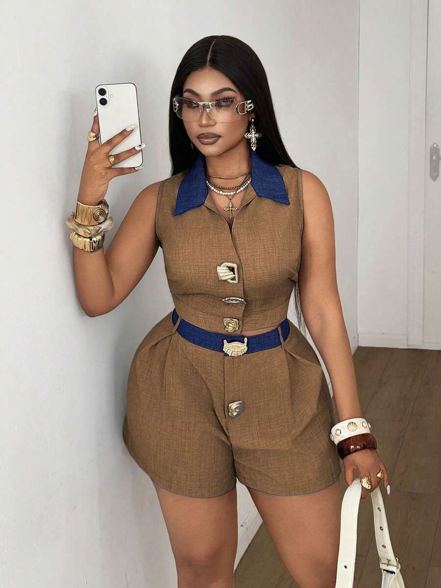 Maweii Plus Size Contrast Color Collar Sleeveless Top And Shorts 2 Pieces Set - Brown - View 1