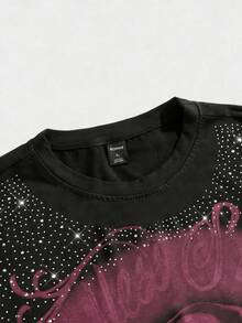 ROMWE MEN Street Life Camiseta de manga corta para hombre con adornos de strass de la Virgen María, adecuada para uso diario en primavera/verano - Rosa Fucsia - Ver 4