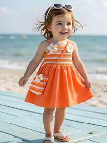SHEIN Playful Pals Baby Girls' Sweet Floral Decor Sleeveless Dress With Matching Mini Crossbody Bag, Loose Fit Skirt, Suitable For Casual Outings, Leisure Trips, Family Gatherings, Summer Picnics - Orange - View 6
