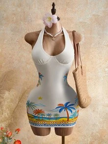 Mistrie Women's Floral Print Pleated Elegant Sexy Minimalist Halter Tie Waist Short Dress, Suitable For Dates Golf White Summer - Apricot - View 5