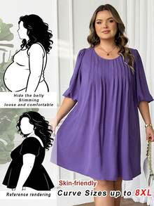 SHEIN CURVE+ 大码女式宽松纯色连衣裙，2026春夏紫色流行色连衣裙 - 紫色 - 查看 8