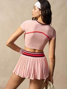 VARSIVA Women's Cropped Top With Contrast Striped Pleated Mini Skirt Pants Sports Suit - Multicolor - View 5