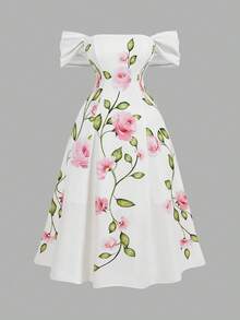 SHEIN MOD Đầm hoa trễ vai thanh lịch dành cho nữ cỡ lớn, thích hợp cho Ngày Valentine, Đám cưới, Đầm thanh lịch, Đầm trắng, Đầm dự tiệc cưới cho nữ, Trang phục xuân/hè, Trang phục dự tiệc trà cho nữ, Ngày lễ, Sinh nhật - Nhiều màu - Xem 1