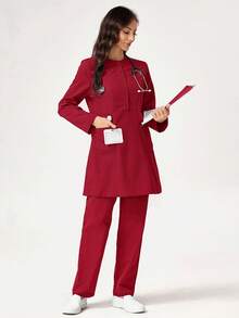 TaskEZ Button Front Pocket Scrub Uniform Set - Burgundy - View 4