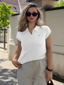 Jeta Ari Women's Fitted Polo Collar Solid Color Knit Sweater Top, Casual For Commuting In Spring/Summer - White - View 1