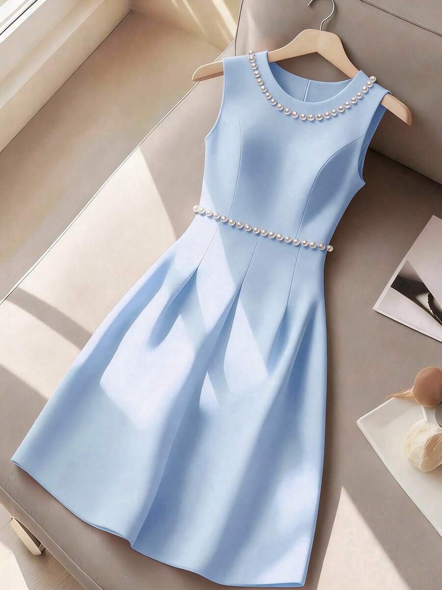 SHEIN Franclia French Pearl Collar Sleeveless Dress - Blue - View 1