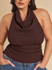 SHEIN BAE Plus Size Women's Brown Solid Textured Knit Halter Neck Slim Fit Pleated Backless Top,Elegant Autumn Night Out Club Tight-Fitting Y2k Party Tops - Brown - View 8