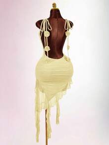 Amplova Women's Mid-Length Dress,Pale Yellow,Summer,Seductive,Photo Shoot,Draped Collar,Drawstring,Ruffle Trim Hem,Spaghetti Strap,Backless,Floral Decor, - Light Yellow - View 15