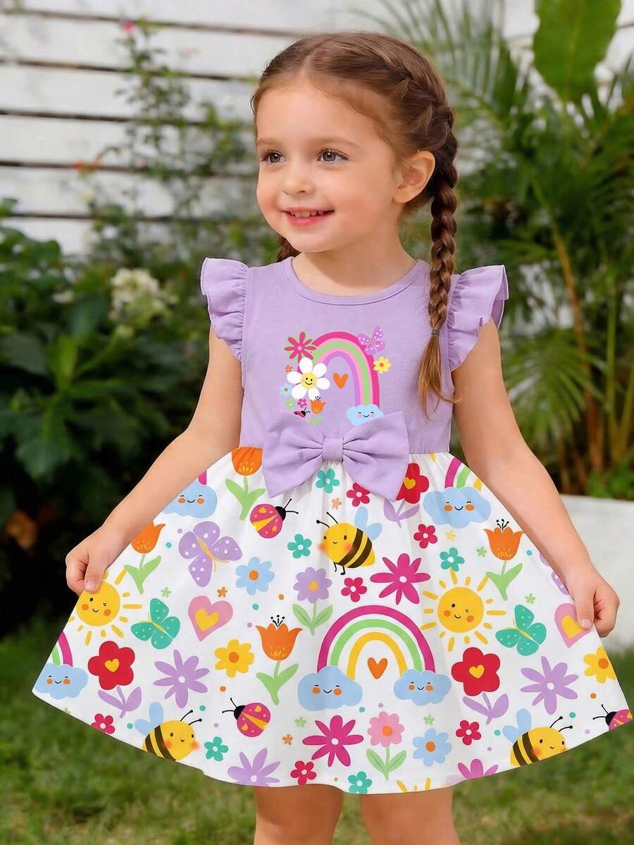 SHEIN Playful Pals 1件女童婴儿/幼儿(6个月-2-3岁)活泼俏皮的彩虹昆虫和花朵印花公主裙,饰有蝴蝶结,飘逸的荷叶袖,轻盈亮丽,适合日常穿着、上学、生日派对、野餐、儿童节、春夏秋季等场合。 - 彩色 - 查看 1