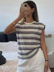 DAZY Áo thun nữ không tay cổ tròn kẻ sọc, vai độn, phong cách Y2K - Màu be - Xem 4