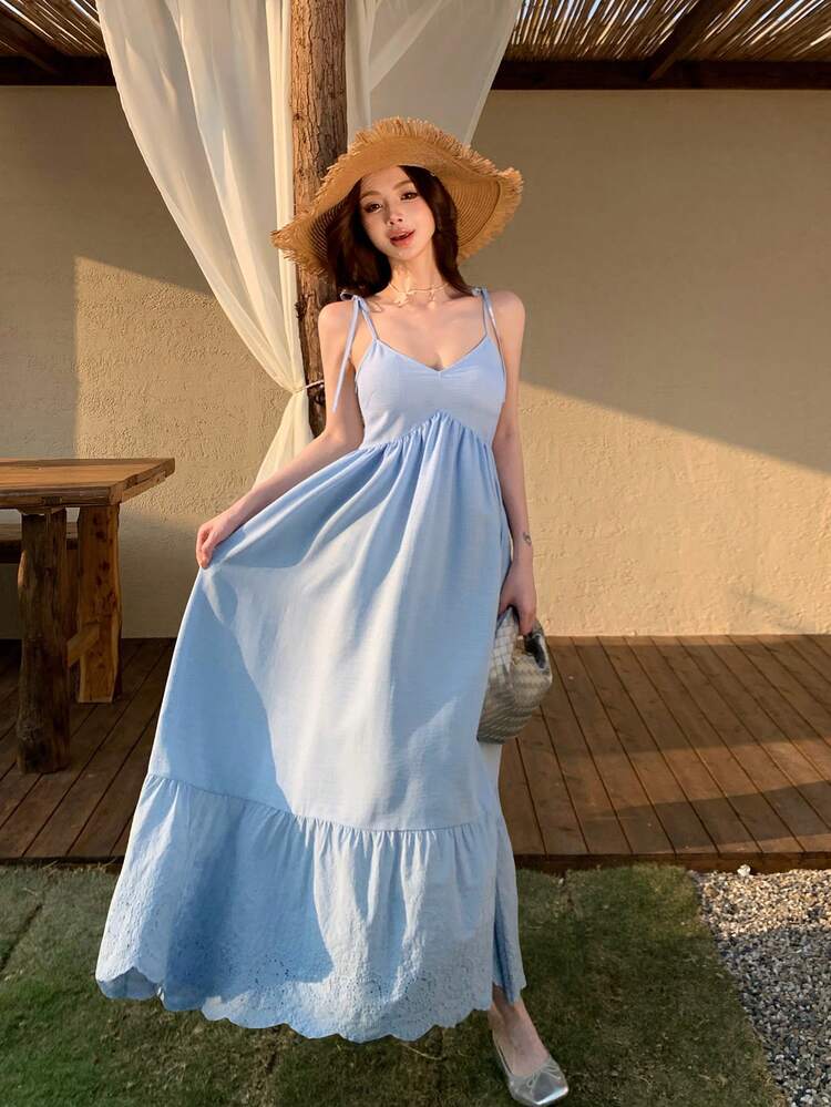 Casual Bohemian Sleeveless Dress, Solid Blue , Suitable For Spring/Summer Beach Vacation, Chiffon Midi Dress For Commuting
