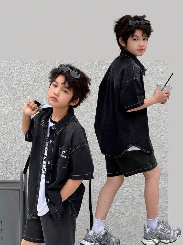 Tween Boy Slogan Graphic Short Sleeve Single-Breasted Pocket Denim Shirt And Denim Shorts Casual Outfit Summer