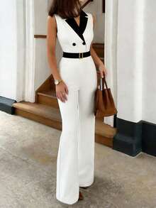 Rafferiza Bộ áo blazer không tay hai hàng cúc màu mơ và đen thanh lịch dành cho nữ mùa xuân/hè, thích hợp mặc công sở hoặc đi làm, cổ áo xếp ly, eo thon, cài cúc kim loại, ống quần thẳng. - Nhiều màu - Xem 1