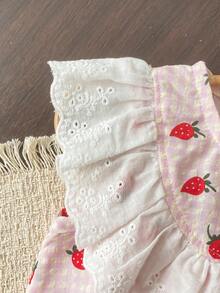 Baby Girls' Sweet Cute Strawberry Print Plaid Sleeveless Round Neck Drawstring Design Collar Embroidered Floral Trim Loose Tank Top And Floral Trim Pants Comfortable Casual T-Shirt Set - Pink - View 5