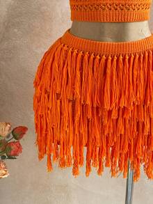 Soleia 女士V领露背系带露脐上衣和流苏迷你裙两件套，适合派对、圣诞节、约会、夜店、波西米亚风、度假、秋季等场合。 - 橘色 - 查看 6