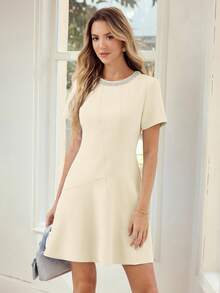MOTF PREMIUM WOMEN'S FAUX PEARLS BEADED DETAIL SHORT SLEEVE DRESS FOR DATES, SPRING/SUMMER - Apricot - View 4