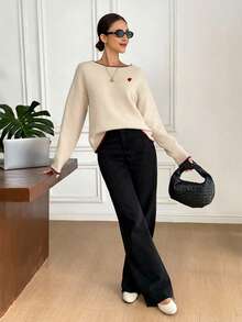 Serisse Suéter de mujer de estilo minimalista casual con ribete de contraste en vino tinto, lazo en vino tinto y bordado de corazón en vino tinto, adecuado para otoño/invierno, fiestas, versátil - Multicolor - Ver 3