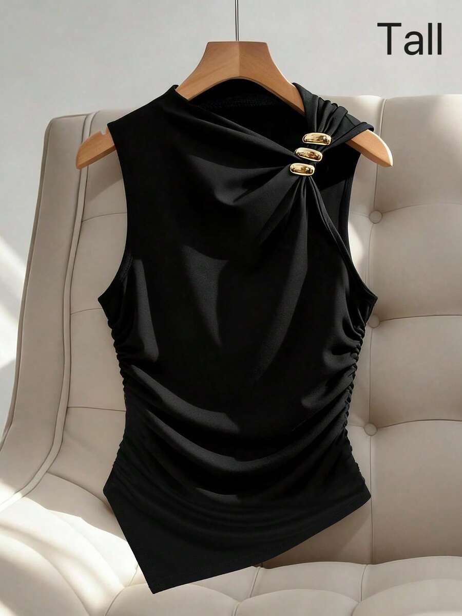 Franclia Tall 女士时尚高挑无袖背心，金属装饰，不对称下摆，褶皱腰身，夏季 - 黑色 - 查看 1