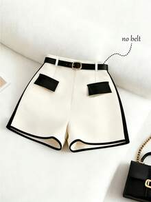 Franclia Quần short nữ thanh lịch, quần short cạp cao, quần short phối đen trắng đa năng, quần short ống rộng màu mơ và đen với thiết kế tương phản, phù hợp với trang phục đi làm thường ngày của nữ giới, trang phục thường nhật đa chức năng và phong cách, trang phục công sở cho giáo viên thành thị, quần short đi biển, quần dài/quần short trắng đen cho nữ mùa hè - Màu be - Xem 4
