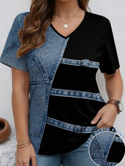 EMERY ROSE Patchwork Pattern Twill Texture Round Neck Short Sleeve Casual Plus Size T-Shirt, Spring