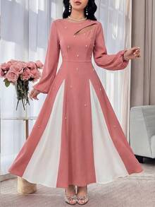 Modelyn 女士优雅双色拼接泡泡珠镂空腰A字连衣裙长款女装晚礼服 - 紅色 - 查看 9