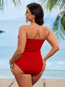 Swim Lushoire Áo tắm nữ cỡ lớn màu hồng cổ yếm xẻ tà, đồ bơi cao cấp phối nhiều mảnh giúp thon gọn vóc dáng khi đi nghỉ mát biển. - Đỏ - Xem 2