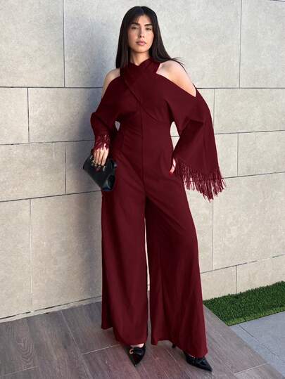 Hitanina 2025秋冬新款优雅通勤纯色修身亮红色交叉领口流苏长袖女式连体裤，适合派对、日常出行、乡村音乐会、万圣节、圣诞节、夜间外出、婚礼宾客、生日礼服、女士早午餐装扮、日常出行 -A
