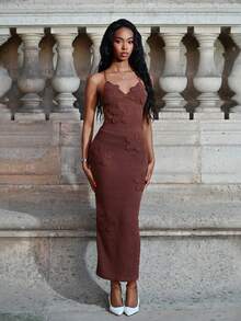 Mima John 手工钩编修身无袖碎花连衣裙，浪漫海滩度假/约会装，春夏派对装 - 咖啡 - 查看 1