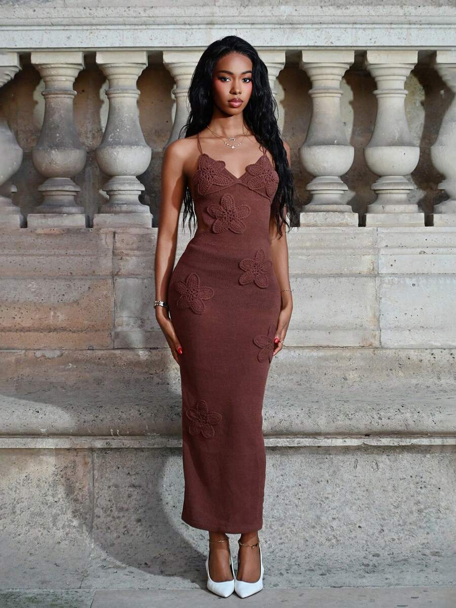 Mima John 手工钩编修身无袖碎花连衣裙，浪漫海滩度假/约会装，春夏派对装 - 咖啡 - 查看 1