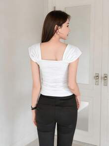 DAZY Cap Sleeve Cropped Square Neck T-Shirt Summer - White - View 2