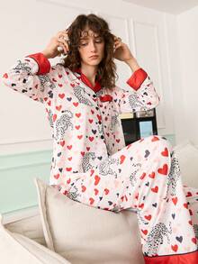 Chillnights Leopard Heart Print Lapel Long Sleeve Pajama Set For Women - Apricot - View 1