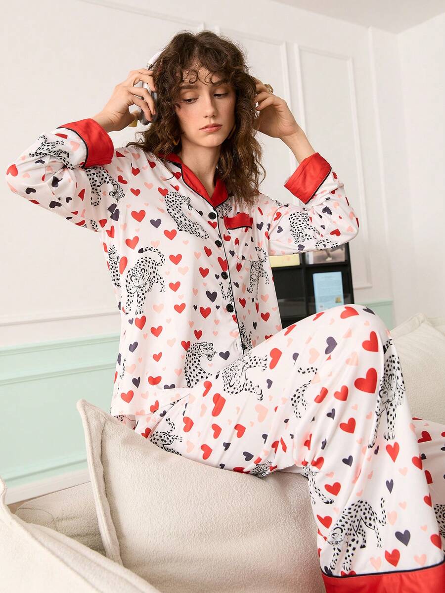 Chillnights Leopard Heart Print Lapel Long Sleeve Pajama Set For Women - Apricot - View 1