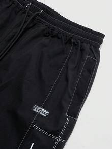 PAVTROS 2pcs Men's Fashionable, Outfit Set: Box Zipper Collar Long Sleeve Shirt, Elastic Waist Pants With Slit Hem Design, Minimalist Luxe Set, Lightweight Sporty Style, Fashionable, Energetic, Casual, Personalized, Daily Wear, Party, Travel, Holiday Gift,Men's,Baggy,Best,Boyfriend,Summer,Vacation,Y2k,Retro,Friends - Black - View 6