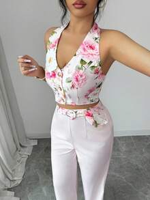 SHEIN Elenzya Women's Minimalist Single-Button Backless Top And Pants 2 Pieces Commuter Suit - Pink - View 4