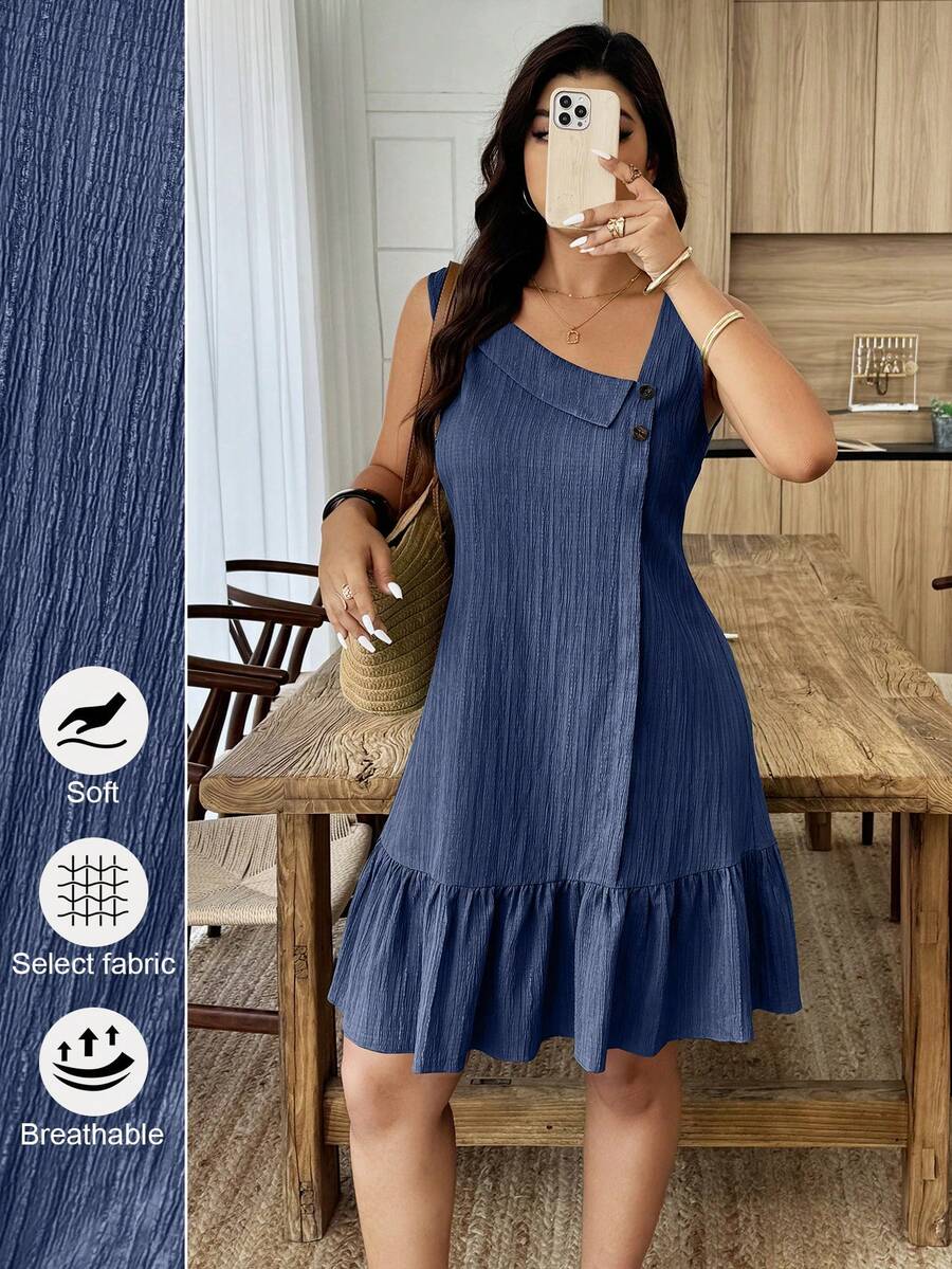 Weeklong 大码女式不对称领纽扣纹理面料荷叶边下摆A字短款无袖连衣裙，春夏休闲度假装 - 藏蓝色 - 查看 1