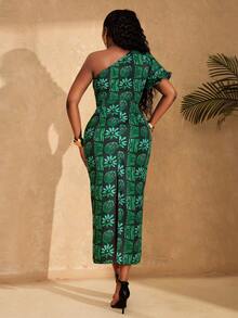 Lunelith SHEIN Lunessa Women's Summer Fashionable Vacation Style All-Over Print Flutter Sleeve Fitted Dress - Green - View 2