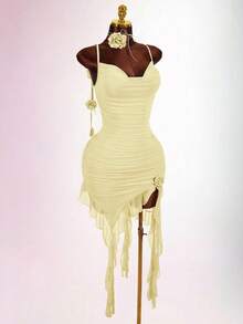 Amplova Women's Mid-Length Dress,Pale Yellow,Summer,Seductive,Photo Shoot,Draped Collar,Drawstring,Ruffle Trim Hem,Spaghetti Strap,Backless,Floral Decor, - Light Yellow - View 10