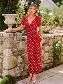 KARISMINA V-Neck Short Sleeve Polka Dot Print Knit Dress For Women, Suitable For Spring/Summer Vacation,Summer Dresses For Women - Red and White - View 6