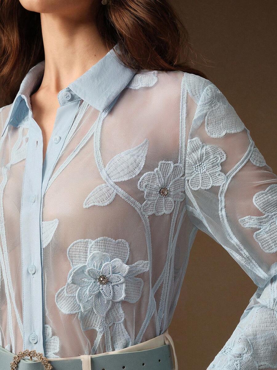 Anewsta Áo kiểu nữ thanh lịch, chất liệu jacquard mỏng, màu xanh nhạt. - Màu xanh lam - Xem 1